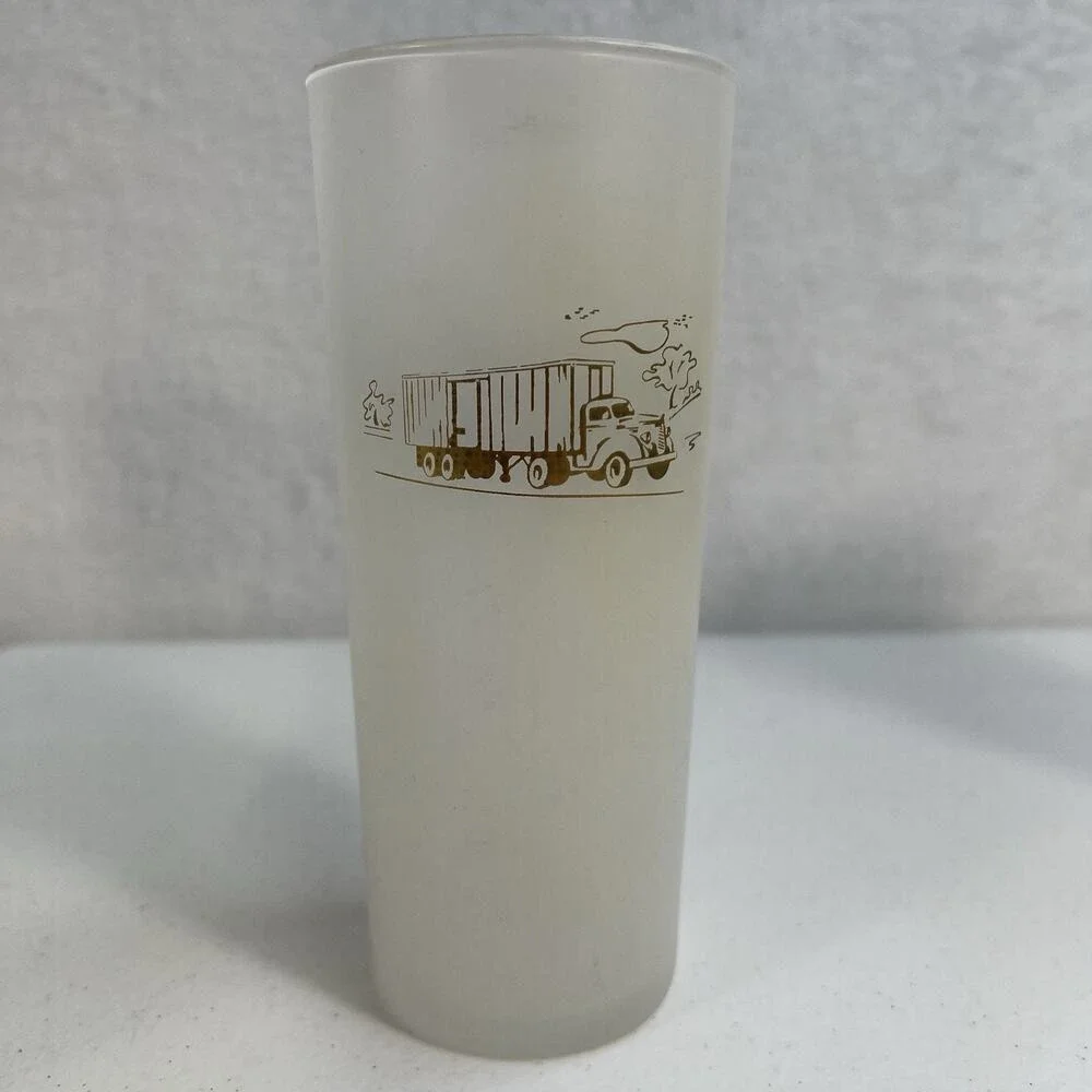 Vintage Rare Lot 6 Glass Frosted White Gold Etching Semi Trailer Crane Big Rig‎